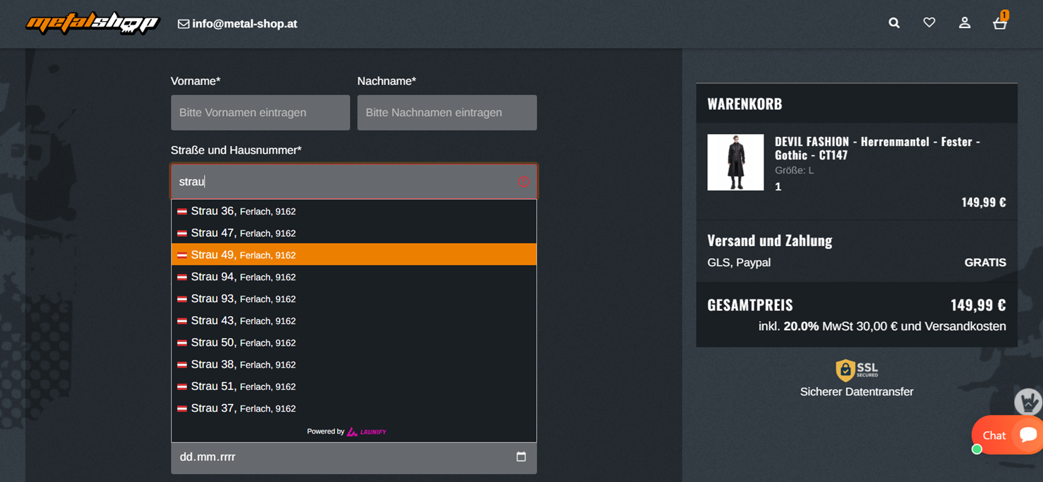 The address autocomplete live in Metalshop’s checkout